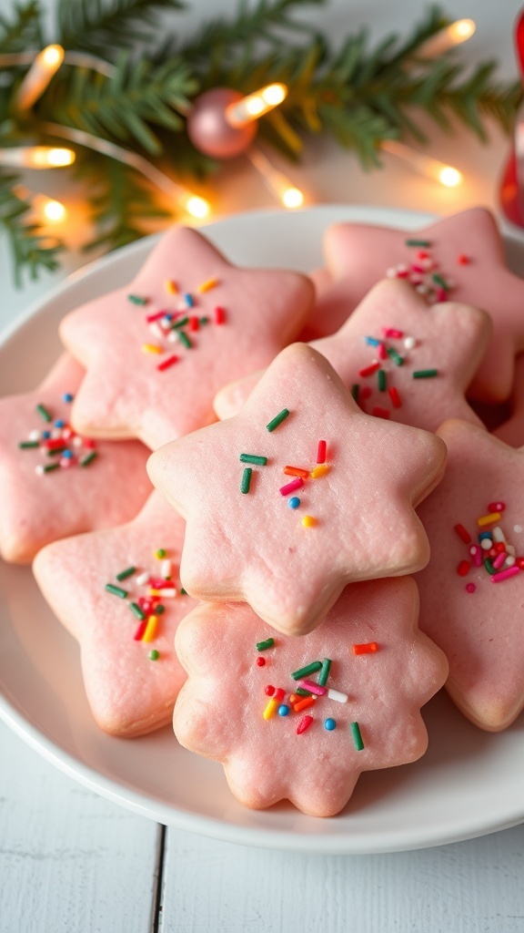 Pink Christmas Cookie Recipe A festive plate of pink Christmas cookies with sprinkles, surrounded by holiday decorations.
